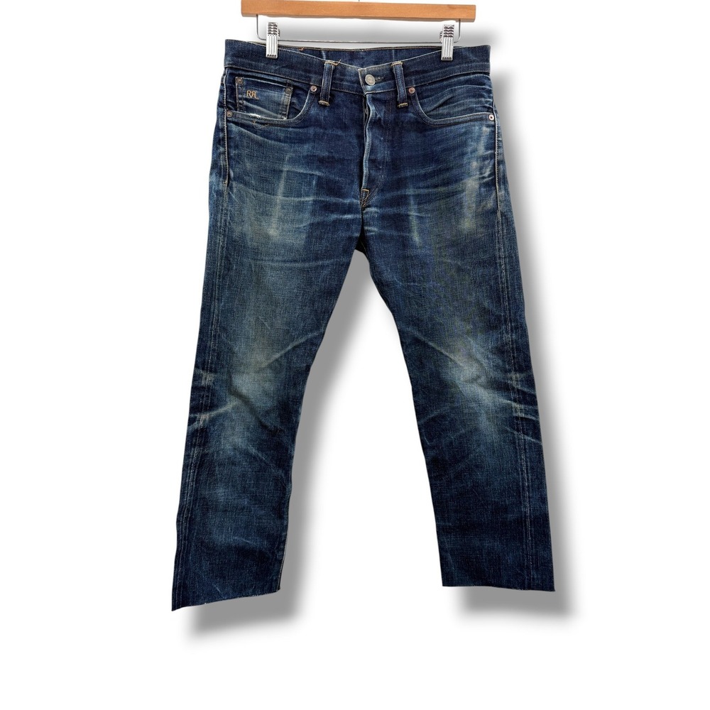 RRL Slim Narrow Jeans Mens 30 Selvedge Denim Blue Made USA Faded Raw Hem Cropped
